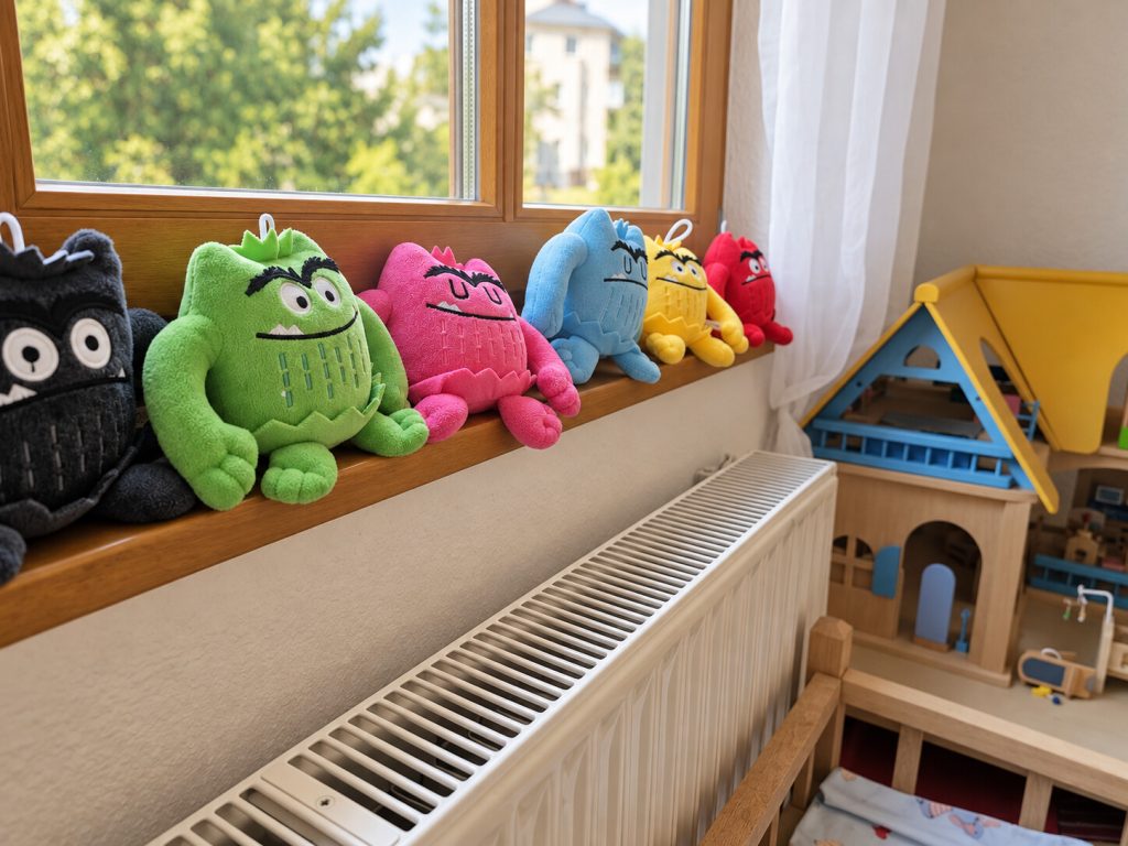 Plüschfiguren als Gefühlsmonster auf einer Fensterbank im Spielbereich