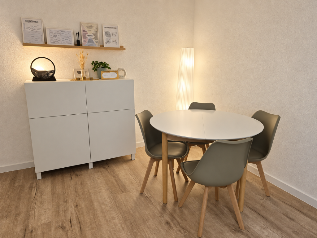 Praxisraum mit weißem Tisch und Stühlen in Pastelltönen